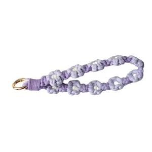 Purple and Lilac Flower Macrame Wristlet Keychain
