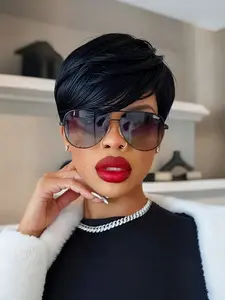 1B30 color pixie cut short straight human hair wig machine made pixie wig daily party use human hair wig for women stylish gift wig Glueless Hairline Wig