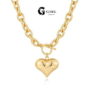 GGIRL 18K Gold Plated Chunky OT Link Toggle Clasp Necklace for Women, Smooth Puffy Heart Pendant Statement Choker, Trendy Dainty Heart Chain Jewelry For Daily Party, Perfect Valentine's Day Birthday Anniversary Gift for Her