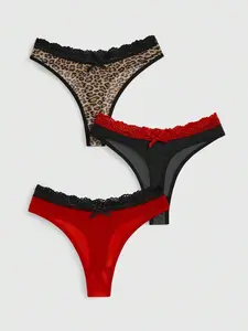 ROMWE J-Fashion 3pcs Y2K Harajuku Leopard Print Mesh & Lace Trim Women Narrow Band Brief Panty Set
