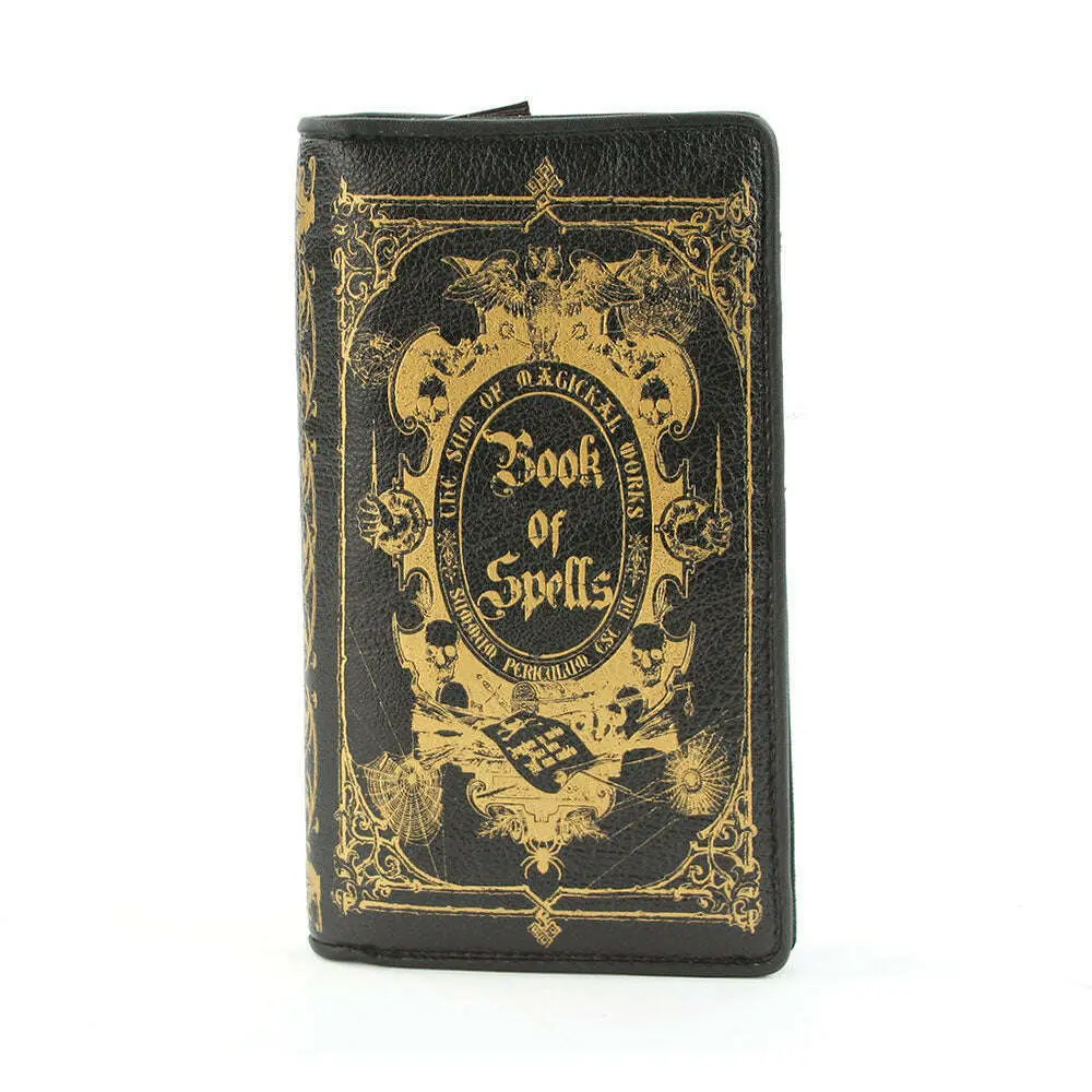 Book Of Spells Wallet Wristlet - Black Leather Wallet with Gold Lettering, Classic Design, Ideal for Spells and Wicca Lifestyle