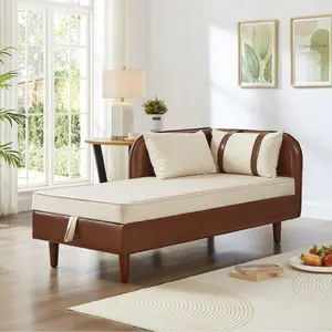 65" Storage Chaise Lounge Sofa Brown PU and Beige Velvet