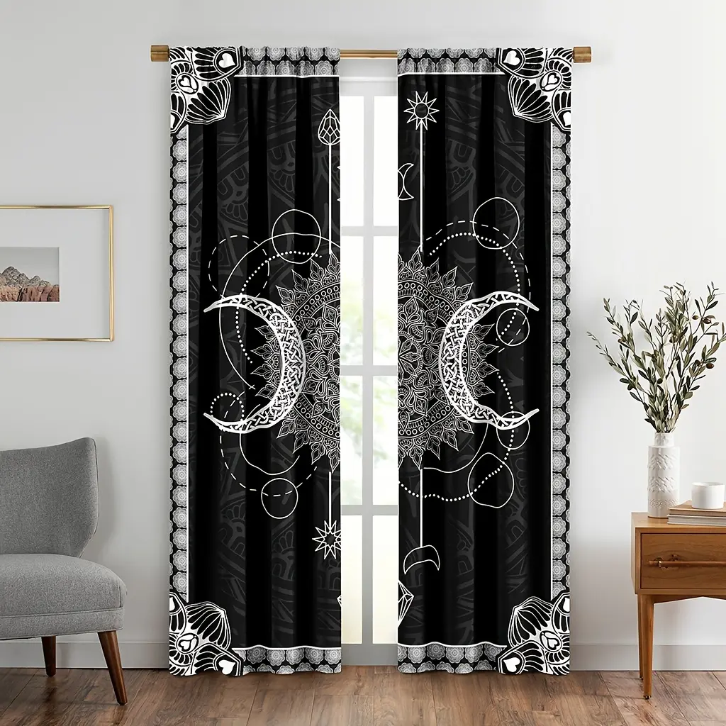 2pcs Moon Curtain Constellation Darkening Window Dreapes for Bedroom Gothic Boho Mandala Blackout Curtains Sun and Moon Window Treatments Black White Decor