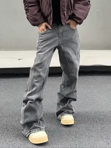 Men's Solid Color Casual Fashion Streetwear Street-Style Jeans Pants - Loose-Fit Straight-Flare Design, Full-Length, Suitable for Daily Indoor & Outdoor Wear