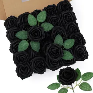 Artificial Flowers 50 flowers with 8 leaves Simulated Ivory Foam Fake Roses With Stems for DIY Wedding Bouquet White Bridal Shower Centerpieces Party Table Decorations Artificial Rose Flowers Fake Roses With Stems Real Touch Foam Flowers