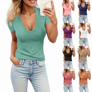 Beotyshow Womens Summer Sexy Short Sleeve Tshirt Tops Deep V Neck Shirts Casual Slim Fit Basic T-Shirt Tee