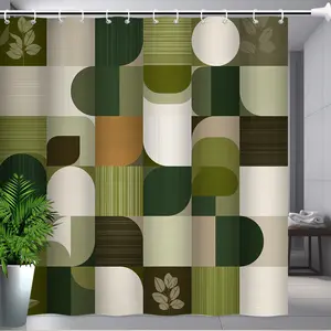 Geometric Design Shower Curtain in Mid-Century Modern Style Featuring Olive Green, Beige, And Brown with 12 Hooks