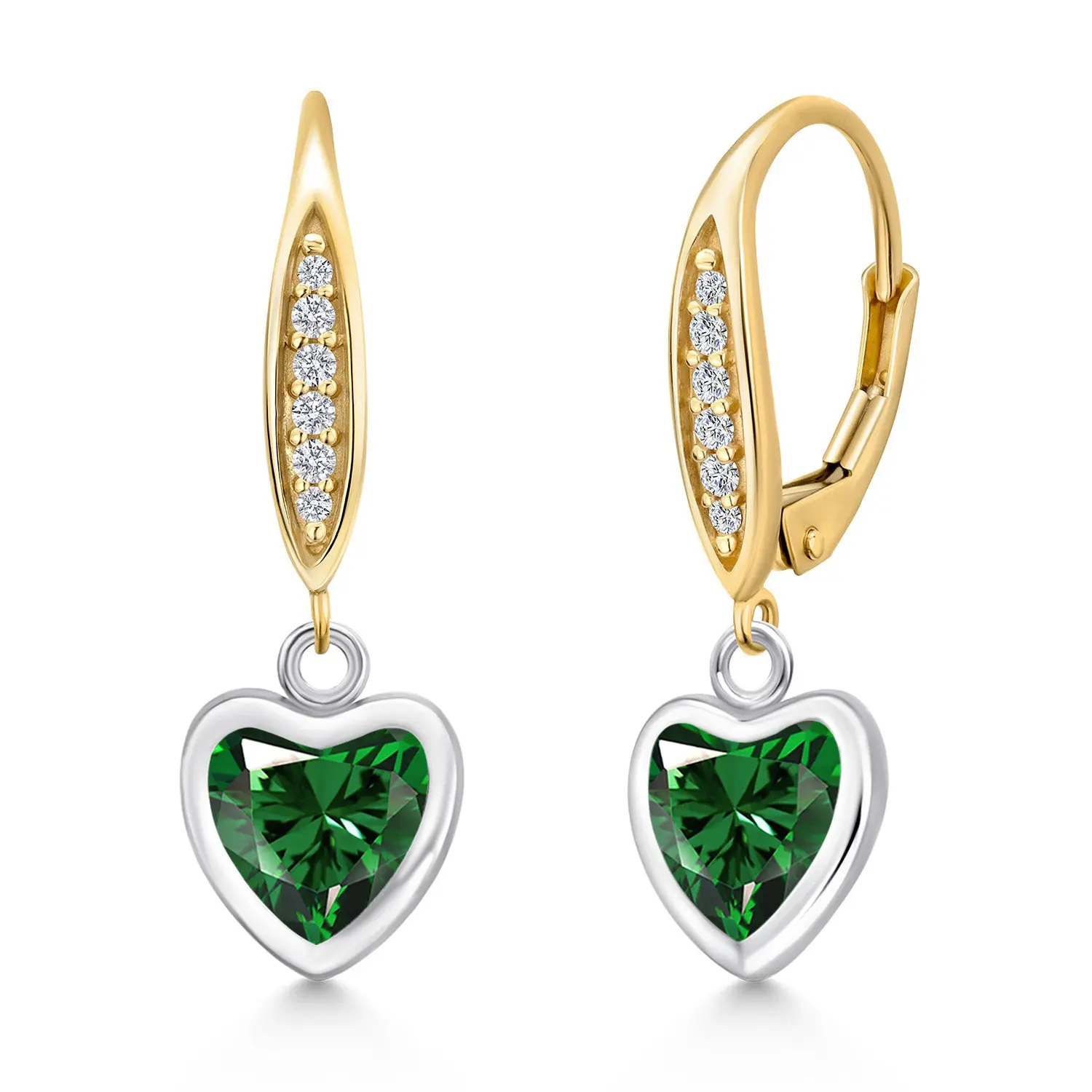 925 Silver and 10K Yellow Gold Green Nano Emerald and Lab Grown Diamond Dangle Earrings for Women | 1.51 Cttw | Gemstone May Birthstone | Heart Shape 6MM