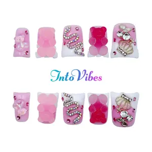 Sweet acrylic press on nails  10 PCS Handmade Pastel Pink Jelly Wide Duck Tips with Rainbow AB Crystal Snake Gummy Bear Crown & Bow Charms Y2K Sweet Glam for Gifts Glossy Design diy manicure kit easter summer