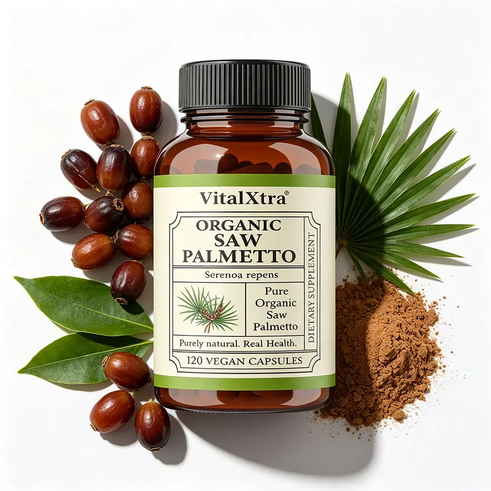 VitalXtra Organic Saw Palmetto 1000mg Dietary Supplement - Premium Men's Healthcare Support for Hair, Urinary Wellness, 120 Vegan Capsules
