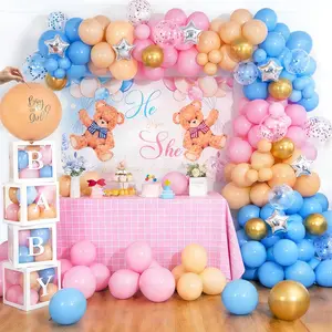 Bear Baby Gender Reveal Party Decorations - 272pcs Pink Blue Balloon Arch Garland Kit, 4pcs Balloons Box With Letters, Backdrop, Gender Reveal Balloon Pop Ideas for Boy or Girl Party Supplies