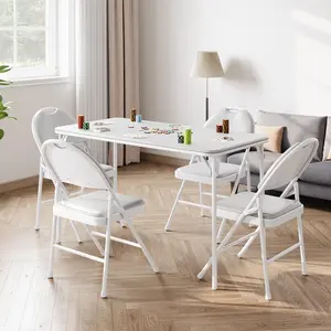 Portable Folding Card Rectangle Table with Sturdy Metal Frame, PU Leather Upholstered Foldable Table, for Dining Room, Living Room, Camping, Gray (Only the table)