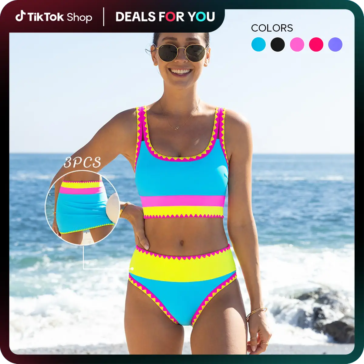 【run half a size small】Popvil Patchwork Sporty 3 Piece Bikini Sets,Tummy Control & High Waisted Swimsuit with Wide Shoulder Straps,dealsforyoudays