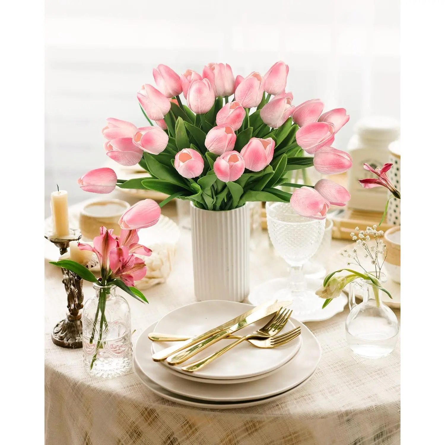 MACTING 30PCS Artificial Tulip Flowers - 13.7" Real Touch Fake PU Tulips Bouquet Faux Spring Flowers for Floral Arrangements Table Centerpiece Kitchen Home Mothers Day Easter Summer Decor(Peach Pink)