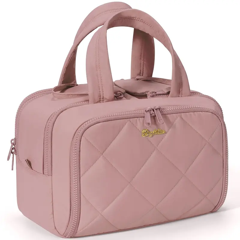 (Auction)Double Zipper Wide-open Toiletry Bag, Lightweight Puffy Travel Bag for Women, Quilted Makeup Bag Organizer Water-resistant Cosmetic Bag with Handle for Toiletries, Essentials, Accessories