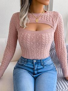 women's plain cut out round neck sweater, casual long sleeve jumper for fall & winter, women's knitwear for daily wear