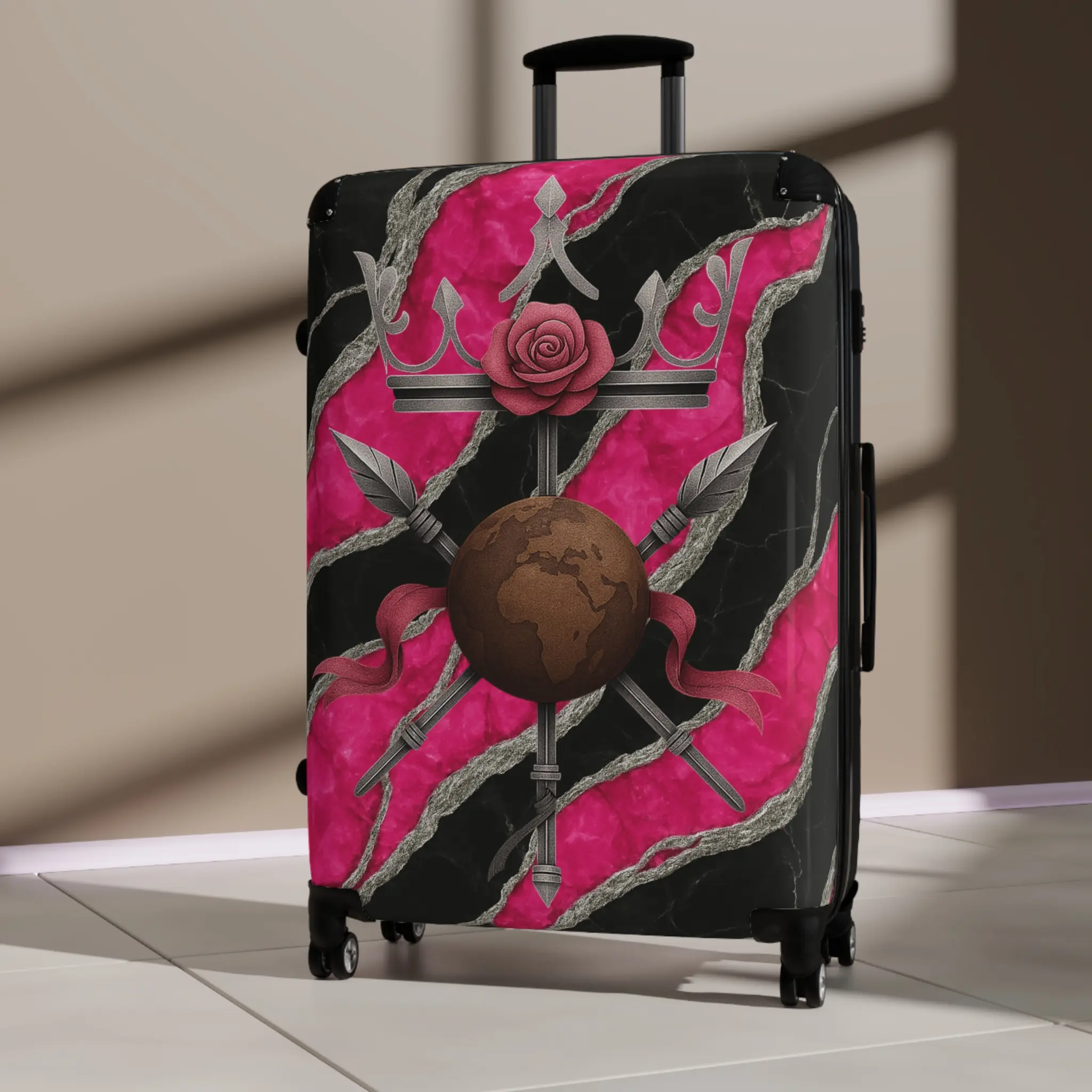 Blossoming Guard Emblem Suitcase, Pink Silver & Black Marble Luxury Luggage, Hard-Shell Spinner Travel Bag with Lock