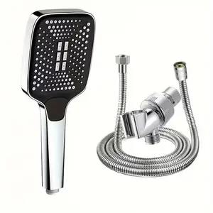 Square Silver Color Shower Set with American Style Holder & 1.5 Inch Rainfall Spray Head, Bathroom Accessories, 3 Piece Kit, Shower Upgrade Kit