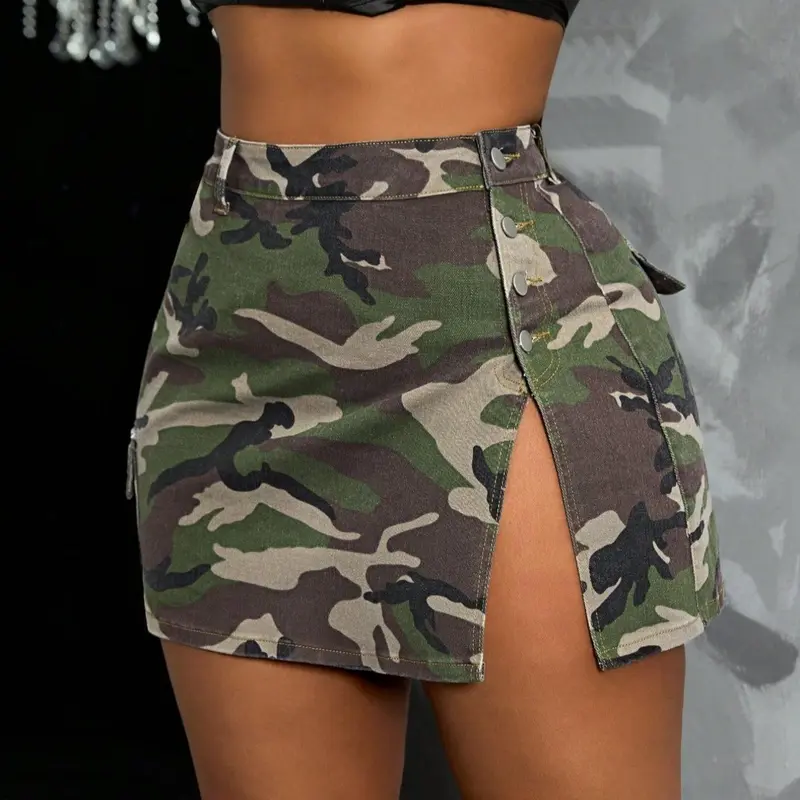 Women's Fashion Camouflage Pattern Side Slit Hem Skirt, Four-Button Design, Summer Wear, Casual Fashion Slim-Fit Skirt, Perfect for Travel & Parties, Casual Fitted Skirt