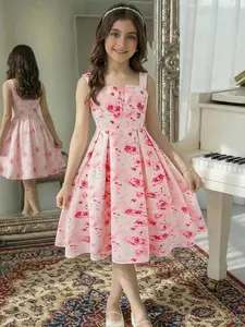 Cute Floral Dress Fit for Girls, Square Neck Pleated A-Line Party Gown, Perfect for Vacation and Daily Wear