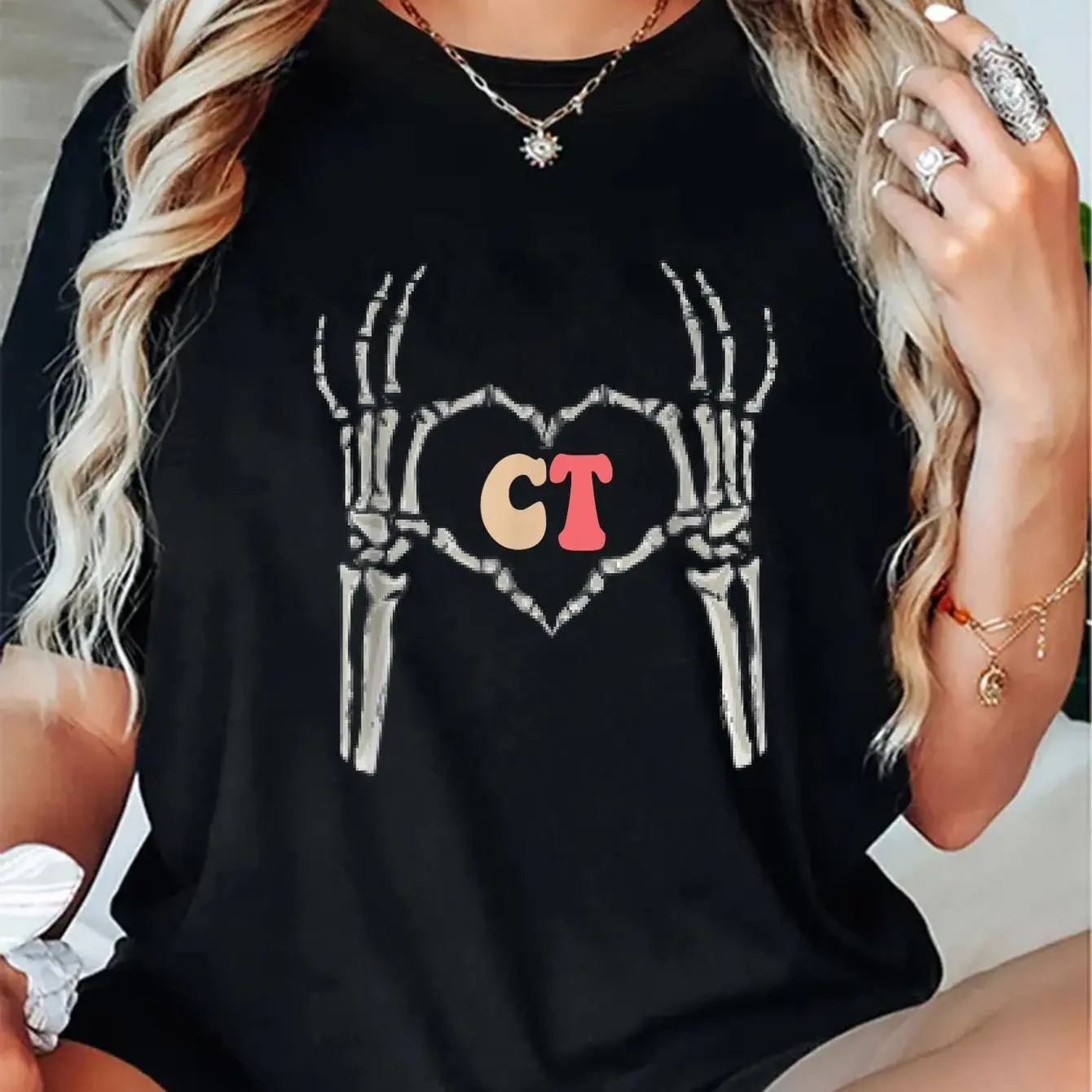 100% Cotton CT Tech Graphic T-Shirt – Fun Radiology Design with Skeleton Heart & Spider Web, Soft, Unisex Tee for Men & Women, Perfect Gift for Healthcare Professionals