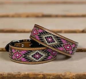 Western Genuine Leather dog collar tooled Leather Beaded Dog Cat Collar, Full grain western Leather Puppy Collar