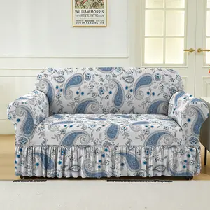 Stretchable Floral Sofa Cover with Fringe Skirt, Fits 1-3 Seater Armchair, Nylon/polyester Blend, All Seasons, Sofa Couch Covers