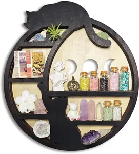 Cats on The Moon  Display Shelf, Wooden Hanging Floating Shelf, Crescent Moon Phase Shelf Stones Essential Oil Organizer Rock Storage  Holder  Gothic Witchy Boho  Wall Decor