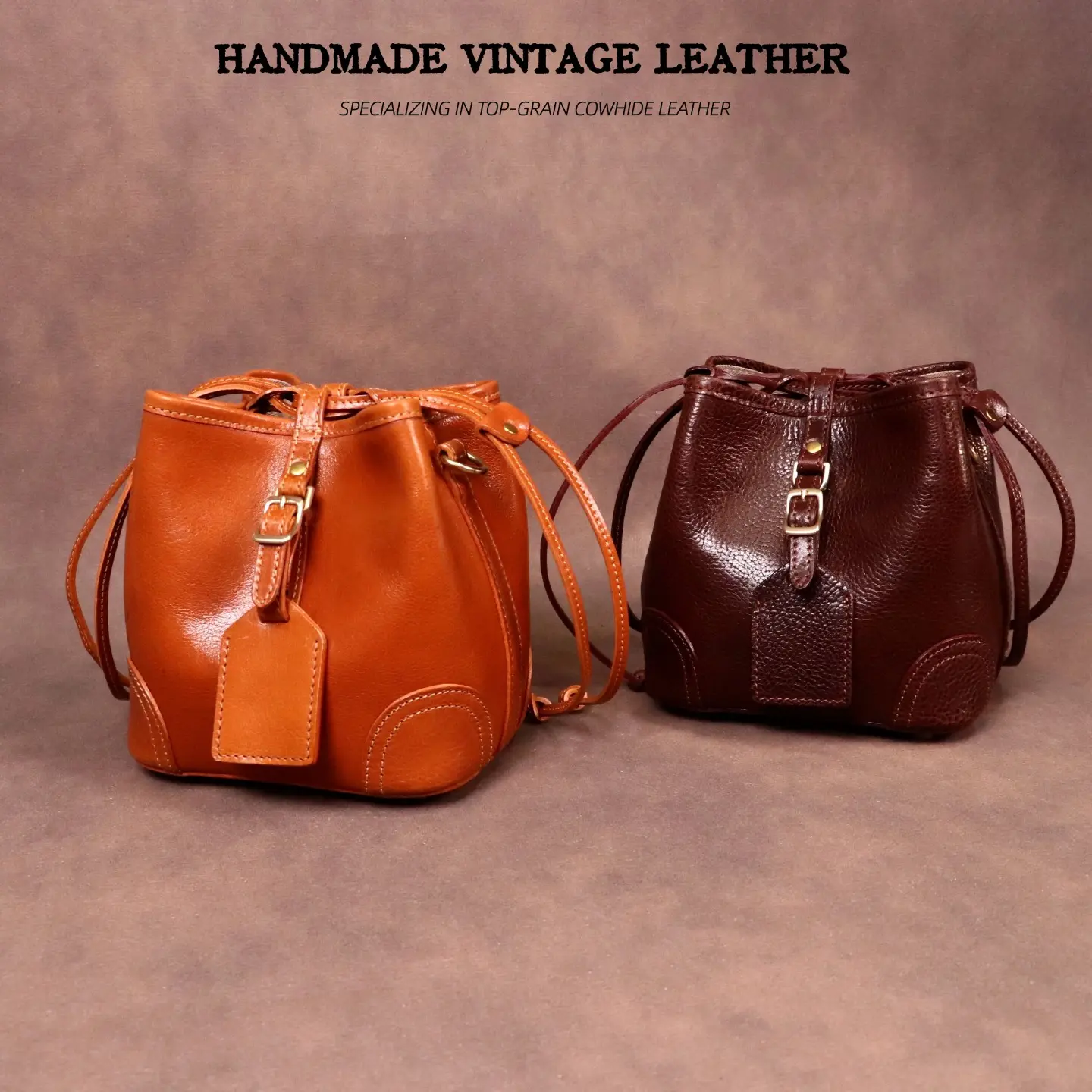 Mini Drawstring Bucket Bag Genuine Top-Grain Cowhide, Adjustable Shoulder Strap, 2-Way Single Shoulder & Crossbody Vintage Leather Purse, 2 Retro Colors
