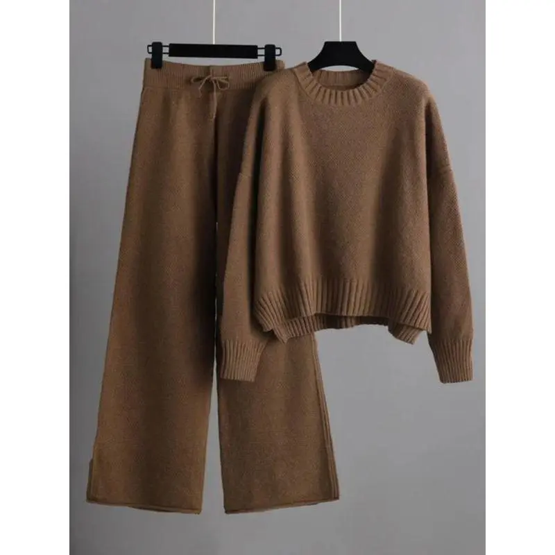 Women'S Oversized Round Neck Sweater & Wide-Leg Pants Two-Piece Set , Drop Shoulder Long Sleeve Pullover with Ribbed Texture, Loose Fit Trousers for Fall Winter Warmth, Cozy Everyday to Semi-Formal Wear