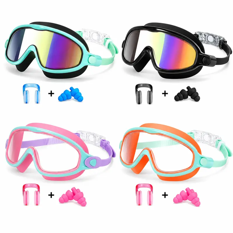 Children's Pool Goggles Set (3-15 Years) - Toddler Swim Goggles, PC Lens, UV400 UV Resistant, Anti-Fog, Waterproof, Leak Proof, Eye-Friendly Silicone Frame, Wide Vision, 1-Button Fit, Adjustable, with Earplugs & Nose Clips for Pool/Beach Youth