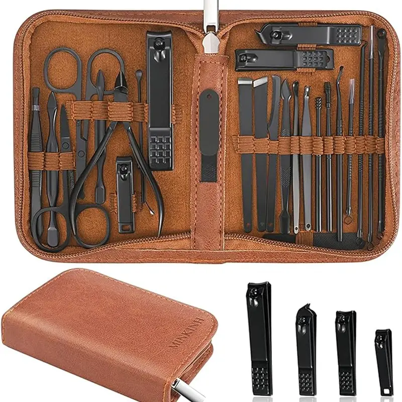 26-in-1 Professional Stainless Steel Manicure Accessory Set for Men - Nail Cutter Kit with Finger Nail Clippers, Cuticle Tools, Luxurious Brown Travel Case for At-Home Manicure toolupgrade