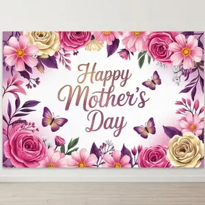 1 PC 2D Flat Banner Backdrop Pink Floral Butterfly Happy Mother's Day Photography Background For Party Decor