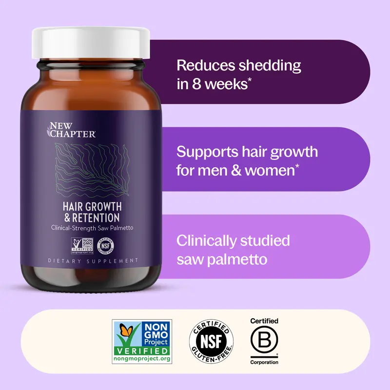 New chapter Hair Growth & Retention with Clinical-Strength Saw Palmetto for Reduced Shedding + Fuller, Stronger Hair from the Root for Men & Women - 30 ct