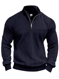 Men's Spring Autumn Stand Collar Half Zip Embroidered Long Sleeve Sweatshirt, Casual Business Style for Daily Commute