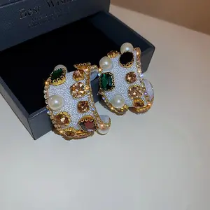 Chunky Beaded Rhinestone Hoops for Women - Fashion Accessories, Costume Jewelry & Accessories, Earrings
