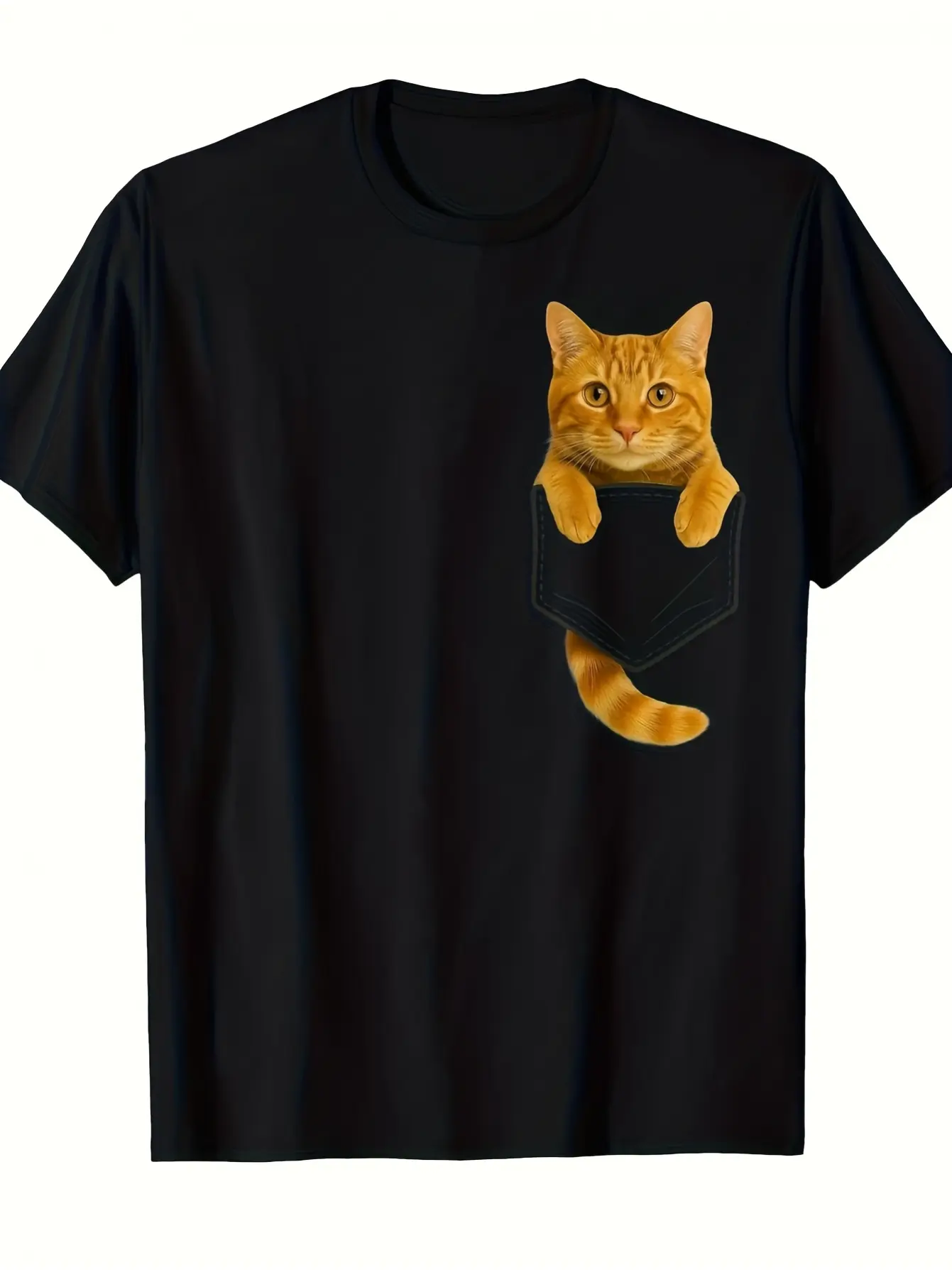 2026 New Arrival Men's Ginger Cat Pocket Graphic T-Shirt - Short-Sleeve Crew Neck, Soft Breathable Orange Loose-Fitting Streetwear Top, All Seasons Cute Cat Lover Menswear Tee