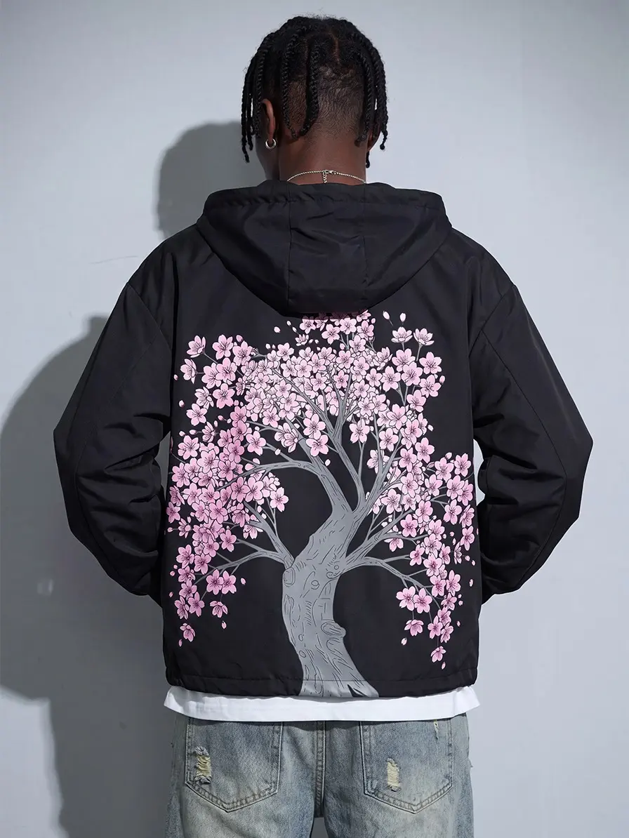 Men's Hooded Windproof Woven Softshell Jacket - Black, New Year Retro Vintage Baggy Oversize Loose Fit, Lightweight, Zip Closure, Large Cherry Blossom Tree Back Print, Long Street-Style Casual Top for Spring-Autumn, Chic Korean Trending Preppy Outfit, Par