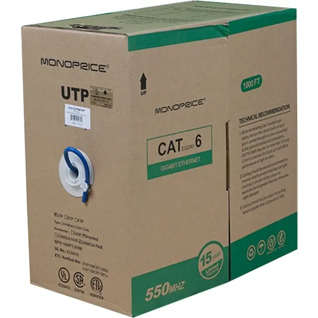 Monoprice 1000ft Bulk Cat. 6 24AWG UTP Bare Network Cable Blue 2270