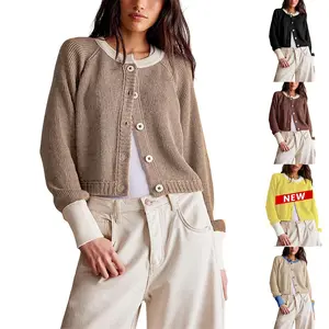 Ommig Women's Color Block Cropped Long Sleeve Button-Down Knit Cardigan - Minimalist Fitted Chic Sweaters, Casual Tops, Longsleeves Clothes for Women