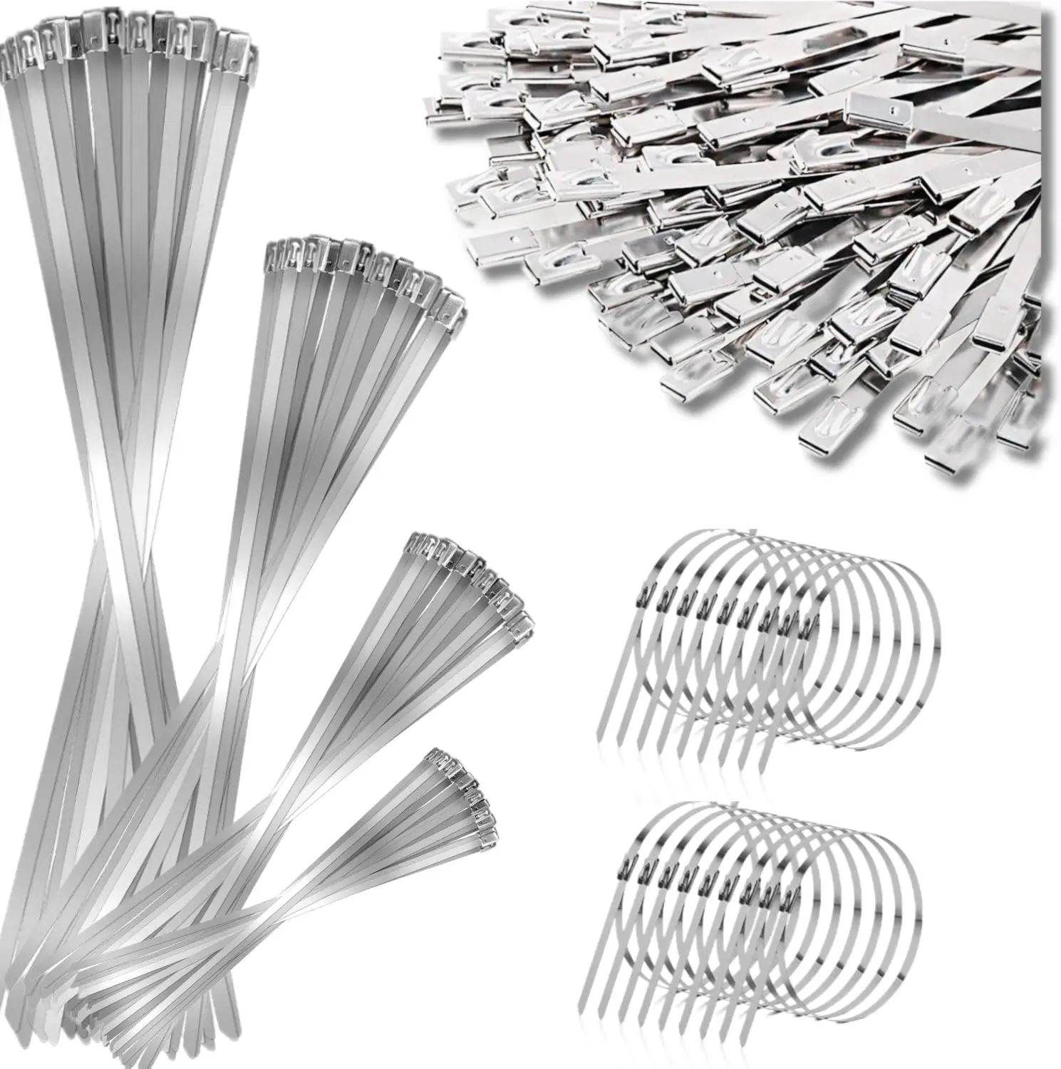 150Pcs 304 Stainless Stee Metal Zip Ties,4 Size Of 11.8/9.8/7.8/6Inch Multi-purpose Metal Cable Ties-Suitable for Outdoor Chain Link Fence and Exhaust Wrap