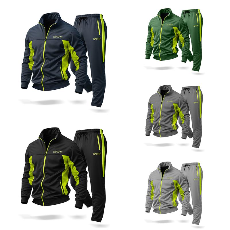 Men’s casual stand-collar jacket paired with athletic pants, breathable and comfortable, featuring an adjustable drawstring waist design, suitable for running, workouts, and everyday wear, ideal for athleisure street-style outfits in spring and summer.