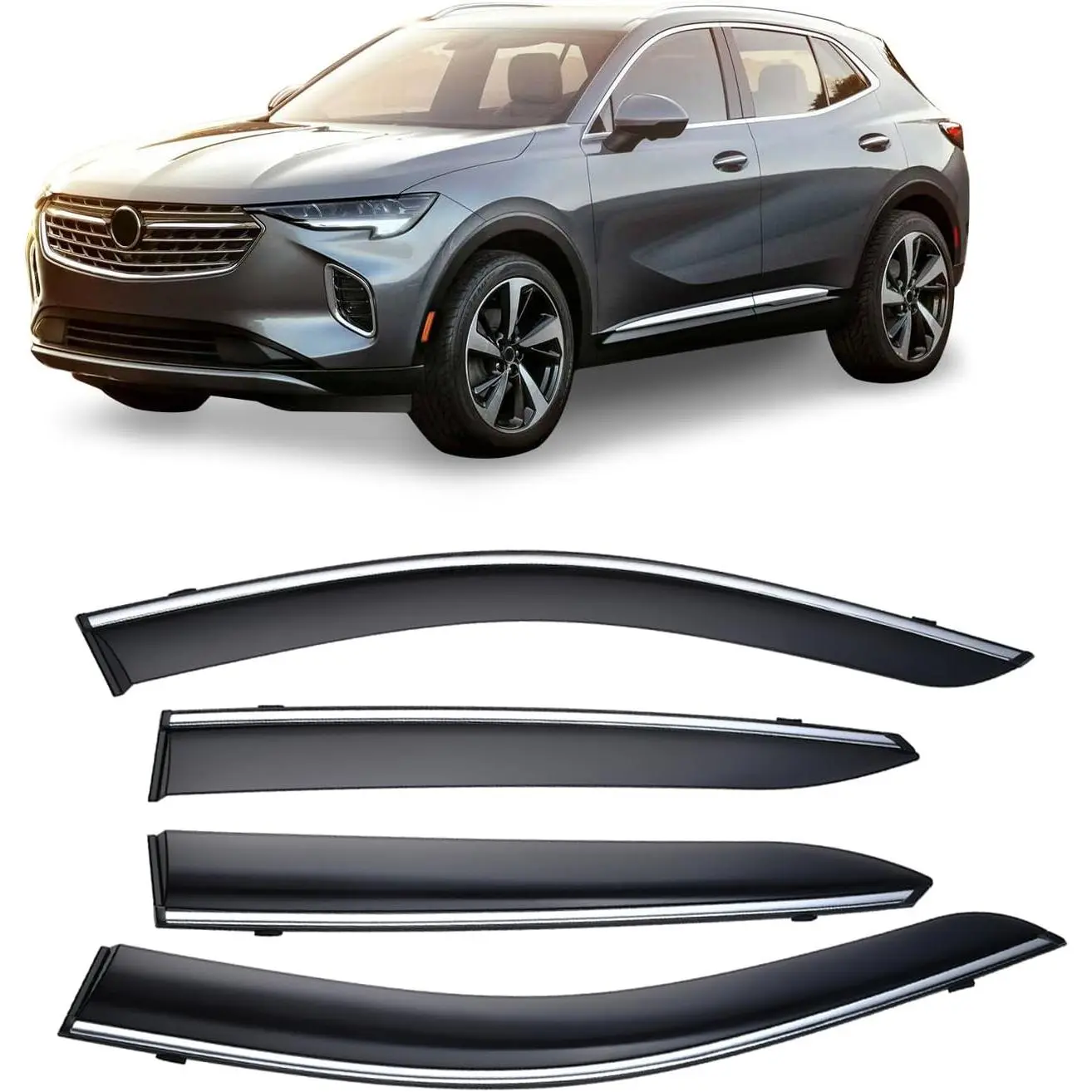 Tape-On Smoke Tint Window Visors with Chrome Trim for Buick Envision 2021-2023, Vehicle Specific Polycarbonate Sun Guard, Self-Adhesive Automotive-Grade Tape, Shatterproof, Easy Peel-N-Stick Install, Rain Protection, Reduce Wind Noise, Precise Fit, Improv