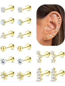 Minimalist 8 Pairs Golden Hypoallergenic Flat Back Earrings Cartilage Copper Surgical Stainless Steel Earring Stacks for Women Men Sensitive Ears Helix Conch Tragus Piercing Jewelry Flat Back Stud Earring Set