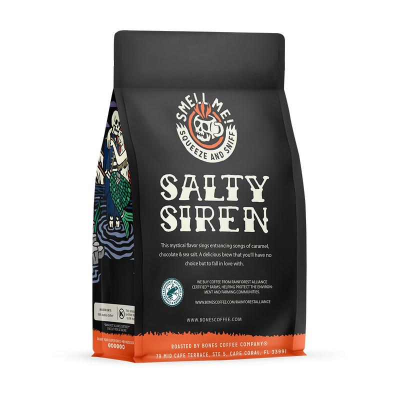 Bones Coffee Company Decaf Salty Siren, Sea Salted Caramel Mocha Flavor, Made with Arabica Coffee Beans, Ground and Whole Coffee (12oz) Beverage Roast