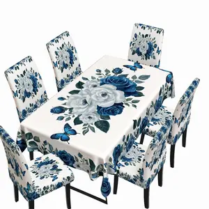 5/7-piece Blue Rose Butterfly Dining Table and Chair Set; Classic Floral Pattern Tablecloth + Chair Covers; Spring Dining Room & Home Decor