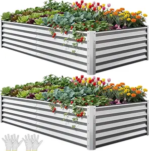 YITAHOME 8x4x1.5ft 2pcs Large Raised Garden Bed Kit, Galvanized Metal Planter Box with Gloves, Ground Nails & Safety Rubber, Outdoor Above Ground Planters for Plants Vegetables Flowers, Silver