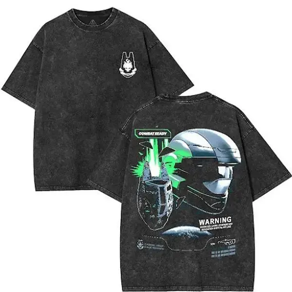 Halo ODST Drop Pod T-Shirt Double Printed Oversized Washed Tee Unisex Acid Washed Lightweight Cotton T-Shirt,Game Lover, Menswear Top Collar Tshirt Casual Graphic