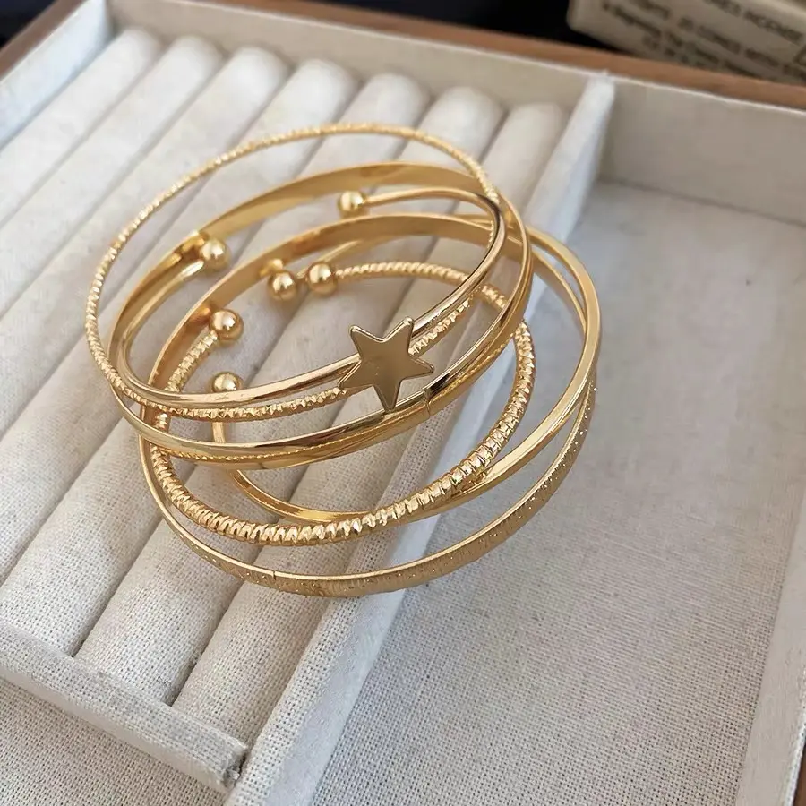 Non Tarnish Boho Gold Star Bracelet Set 6 Pcs Layered Open Cuff Bangles Fashion Jewelry