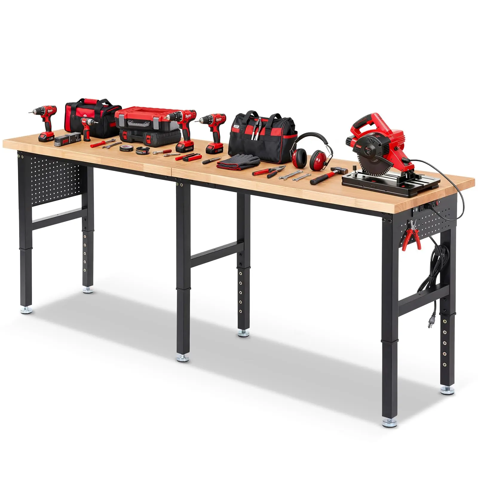 ENJOYWOOD Freestanding Heavy-Duty Steel Frame Workbench, 96x24in Rubberwood Top Indoor Adjustable Height Workstation with ETL-Certified Power Strip (USB Ports), Extended Pre-Drilled Pegboards (20 Hooks), Cord Organizers, 5000 lbs Load Capacity for Garages